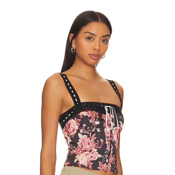 Free People X Revolve BELLE Black Pink Floral Eyelet Lace Corset Top - Picture 3 of 16